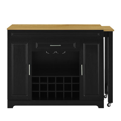 Extendable Kitchen Island Bar Cabinet with Rolling Casters, 2 Storage Doors and Single Drawer, Built in Wine Rack and Stemware Holder, Black Cabinet with Light Wood Tabletop