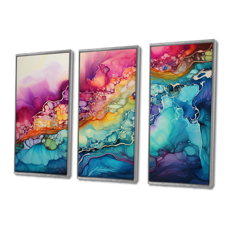 «Rainbow Teal» et «Alchohol Ink I», ensemble de toiles à formes abstraites, H 32 po x l 48 po x P 1 po, Encadrement argenté
