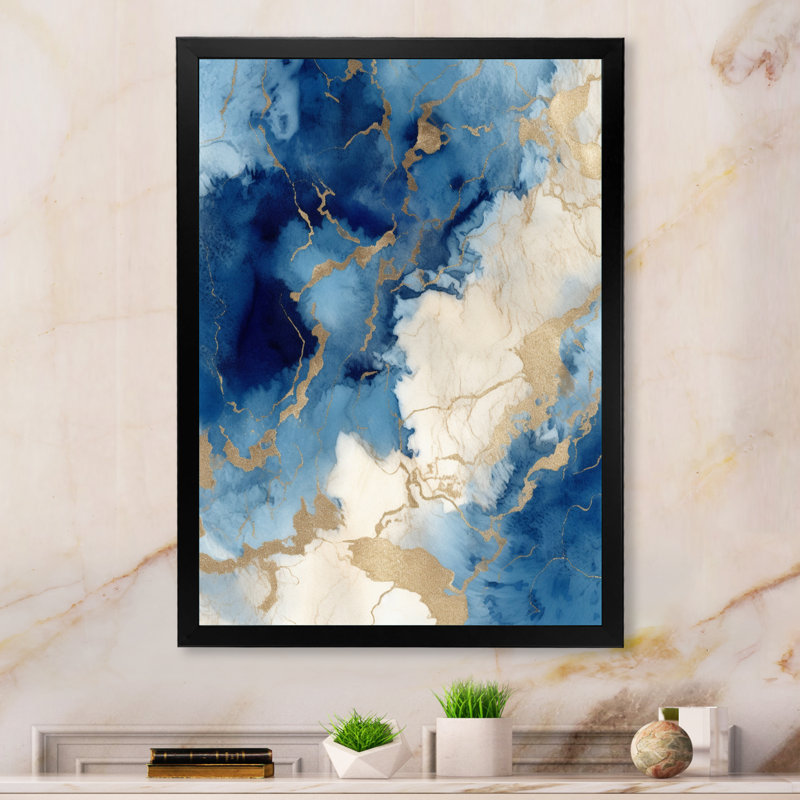 «Blue and Gold Marble Clouds X - Fractals», reproduction d'art sur toile, Cadre simple noir, H 40 po x l 30 po x P 1,5 po