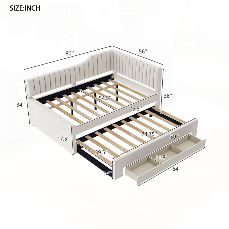 Versatile Upholstered Daybed with Trundle and Multiple Drawers for All Spaces, Beige, Full / Double