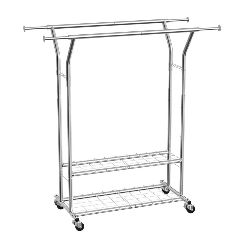 Portant à vêtements réglable de 57,8 à 67,9 po, 2 tringles de suspension et 2 tablettes de rangement, support à vêtements en acier au carbone d'une capacité de 264 lb
