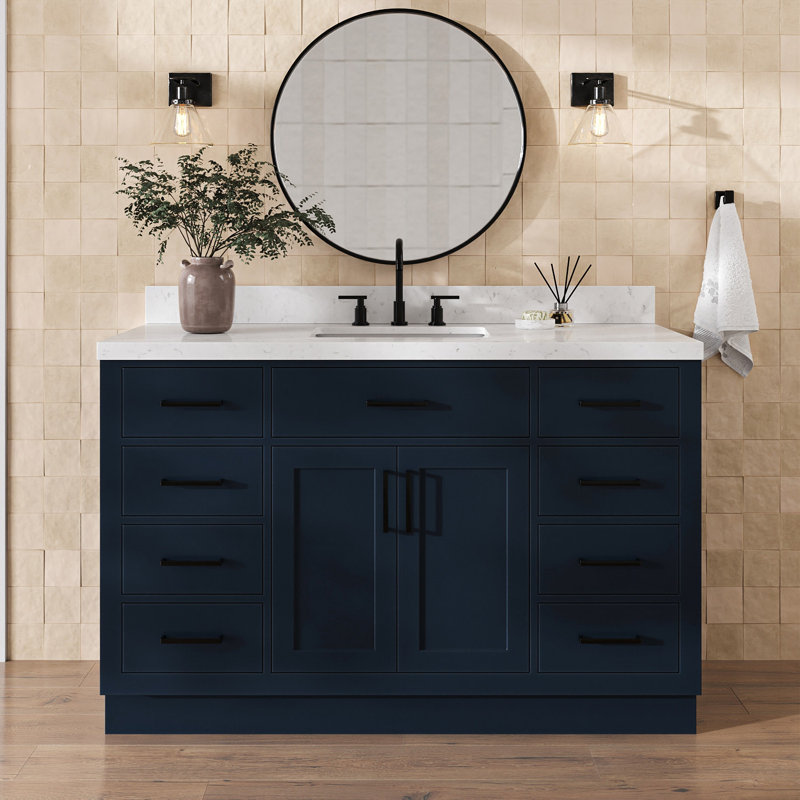 Tidworth 54'' Solid Wood Single Bathroom Vanity with 1.5'' Carrara Quartz Top Sink, Rectangular, Midnight Blue / Matte Black