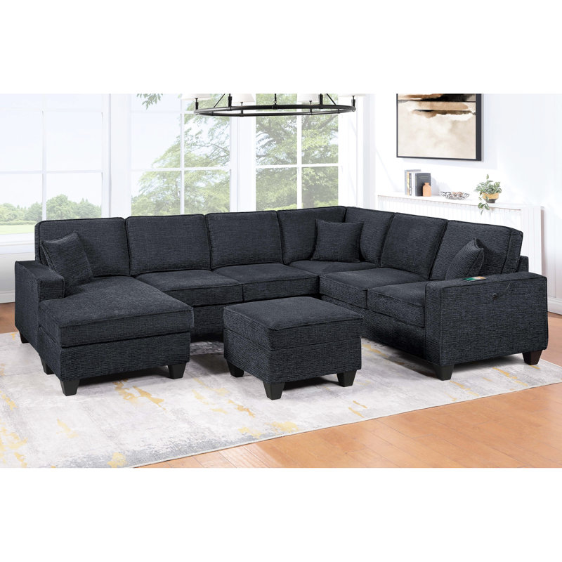 Canapé d'angle 5 pièces noir ardoise de style moderne, avec accoudoir gauche, méridienne à droite et éléments d'angle.
