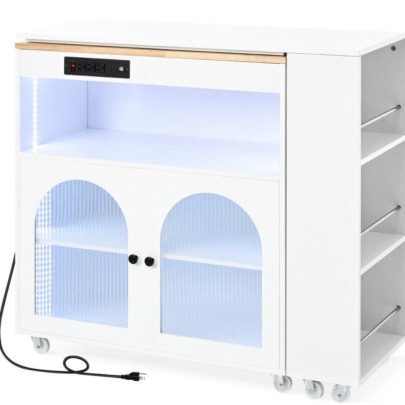 Rolling Kitchen Island With Led Lights, Ports, White, Compact Design Rectangular Wheels - Extended Tabletop, 2 Fluted Doors, Storage Compartment, White
