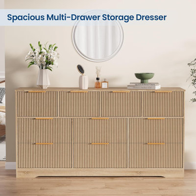 Commode 10 tiroirs avec structure en bois, commode moderne de 59 po de largeur à texture cannelée, grand rangement pour chambre à coucher avec ensemble anti-basculement, pour salon, meuble télé