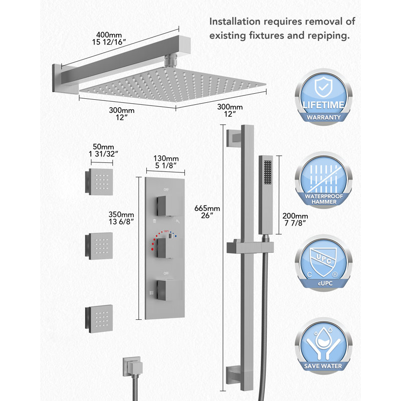 Système de robinet de douche thermostatique avec valve brute, douchette coulissante, Nickel brossé