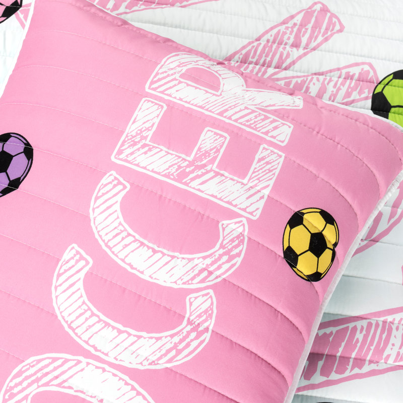 White and Turquoise Reversible Soccer Quilt Set with Pillows