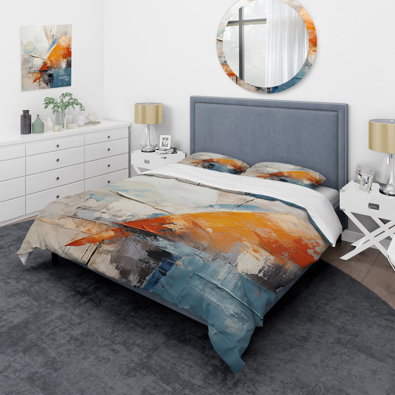 Ensemble de housse de couette carreau abstrait orange Mosiac Charm, Housse de couette simple + 1 taie décorative stan