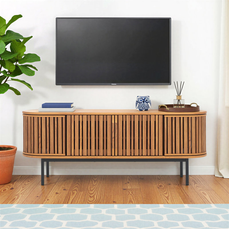 Cardine 4-Door Oval TV Stand with Fluted Detailing, Oak/Black