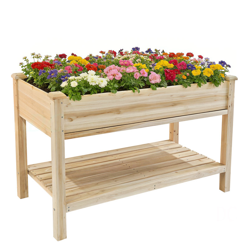 Raised Garden Bed 48X23x31.1-Inch Elevated Wood Planter With Water Collection Tray, Storage Shelf, Protective Liner