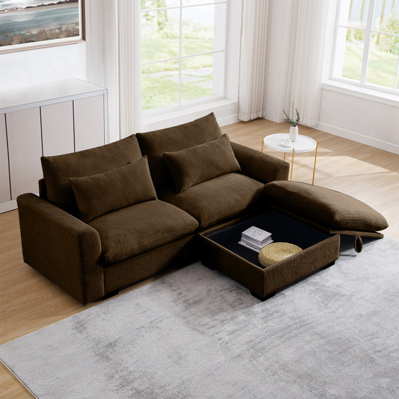 Karaka Sectional Sofa Comfy Corduroy Couch For Living Room With Pillows And Round Armrests, Modern Corduroy Sofa Sleeper Deep Couches With Storage Ottoman