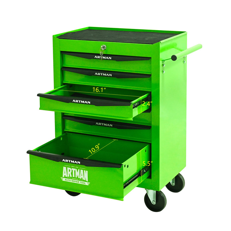 Coffre à outils roulant 20 po avec 6 tiroirs - Armoire à outils en acier avec glissières à roulement à billes, rangement pour outils mobile verrouillable (vert)