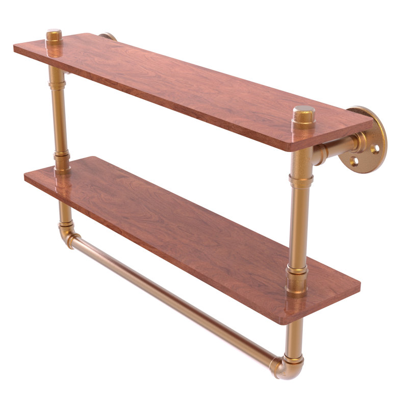 Bayer 2 Piece Walnut Industrial Pipe Shelves, Brushed Bronze, 13.2" H x 22" W x 5.6" D