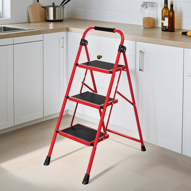 3 - Step Steel Folding Step Ladder, Red