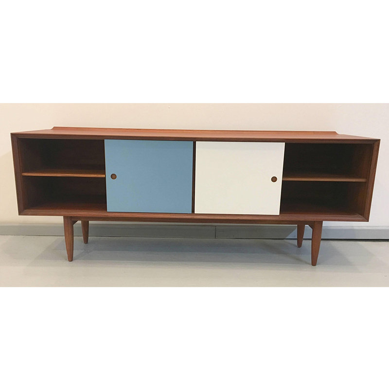 Meuble télé minimaliste en bois massif avec grand rangement, Bleu/brun/blanc, 78.74"