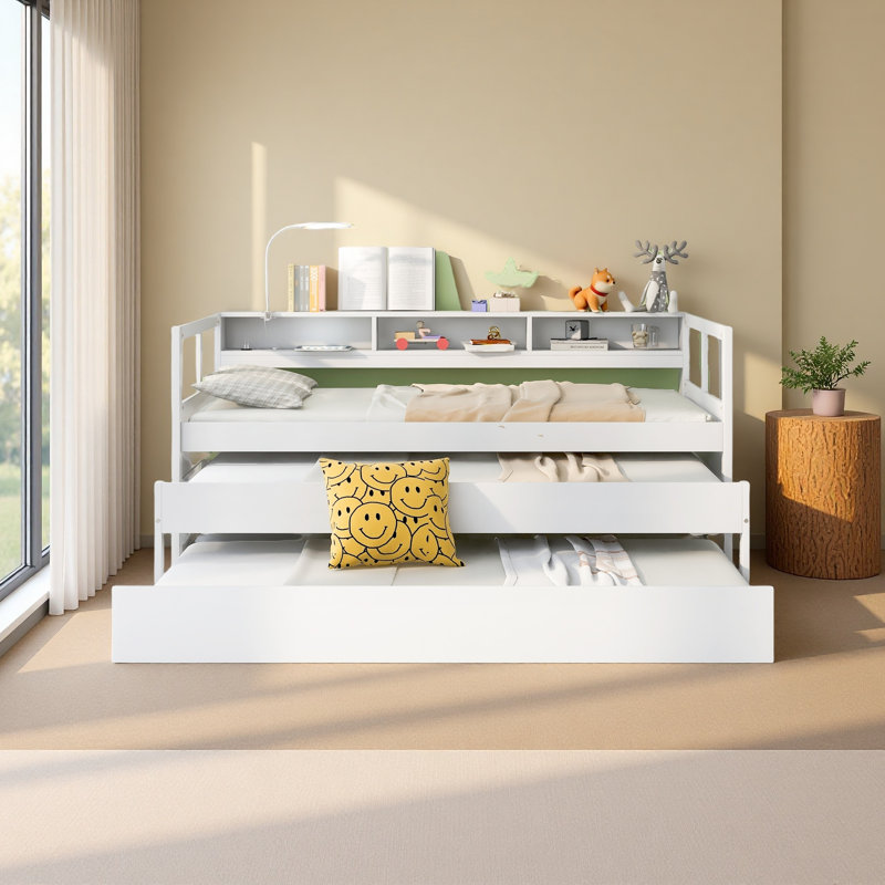 Wood Daybed With 2 Trundles, 3 Storage Cubbies, 1 Light For Free And USB Charging Design, White