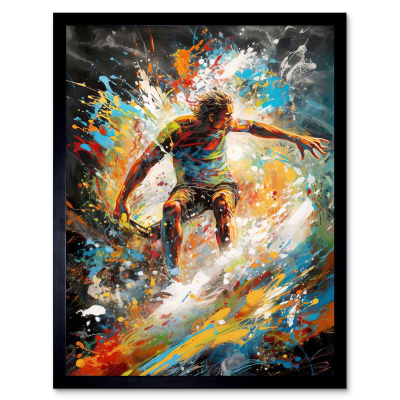 Lankin Surfer Surfing On Crashing Waves Splatter Paint - Single Picture Frame Print