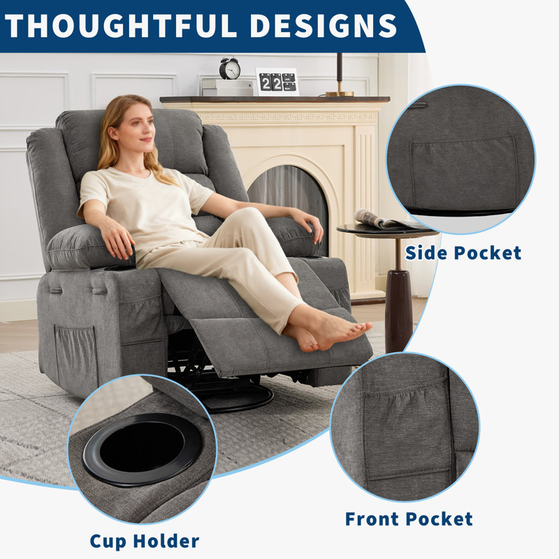 Fauteuil inclinable pivotant à 360 ° avec porte-gobelet et siège profond rembourré pour le salon, Lin gris