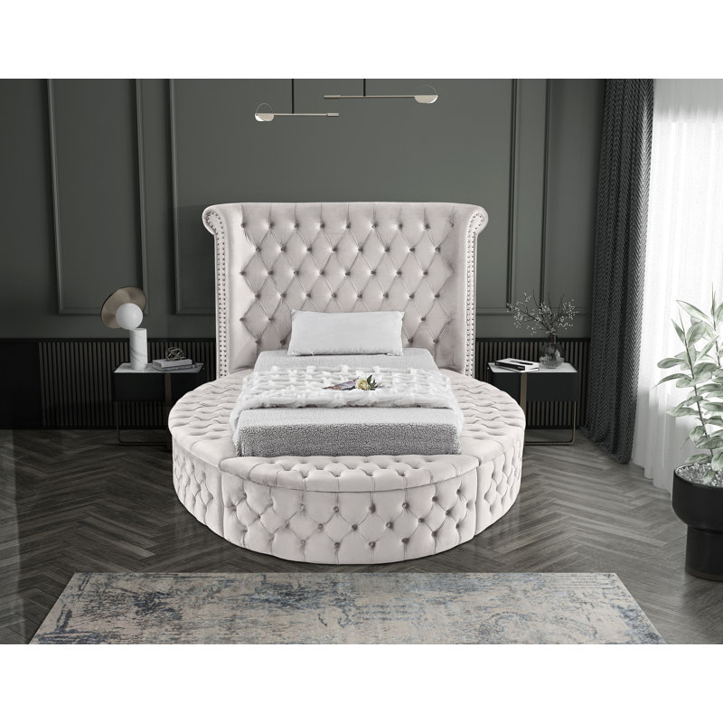 Lit plateforme tapissier avec rangement capitonné Dorgan, Simple, Velours crème