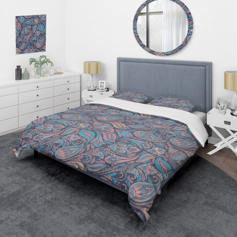 Bleu floral cachemire - ensemble de housse de couette abstrait - microfibre de polyester