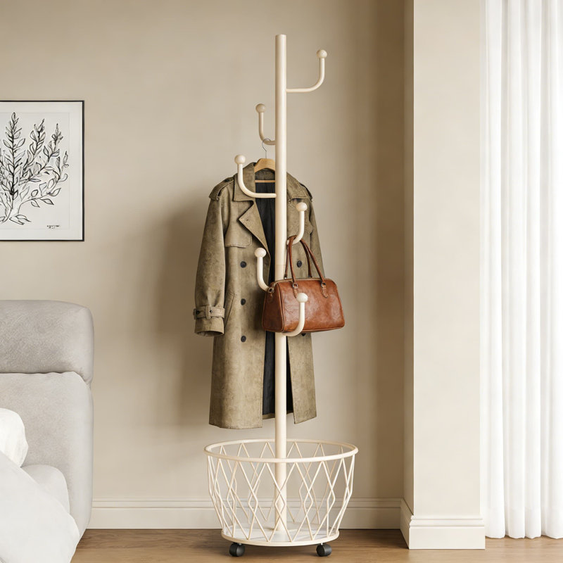 Freestanding Coat Rack With Storage Basket, 6 Double Hooks And 360-Degree Rotation, Modern Metal Organizer For Entryway, Bedroom, Or Corner