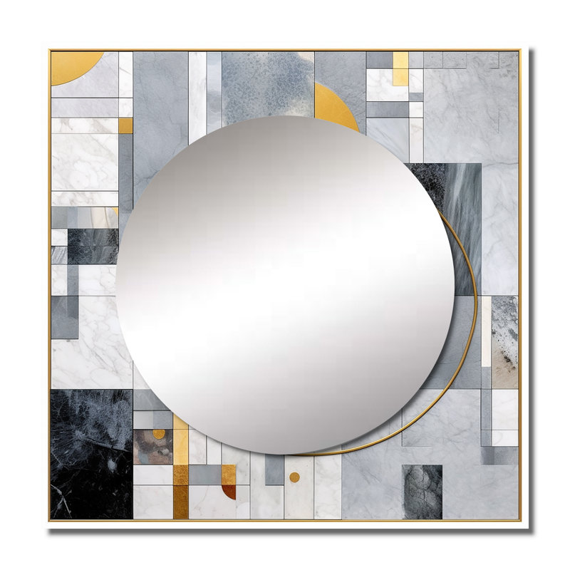 Chimdi - Grey and Yellow Mosaic I Abstract Shapes Square Living Room Wall Mirror Art, 23" x 23"