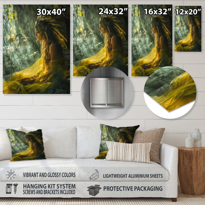 Mystical Shamana Forest Ritual II - Native American Woman, reproduction d'art mural, Sans cadre, métal, H 40 po x l 30 po