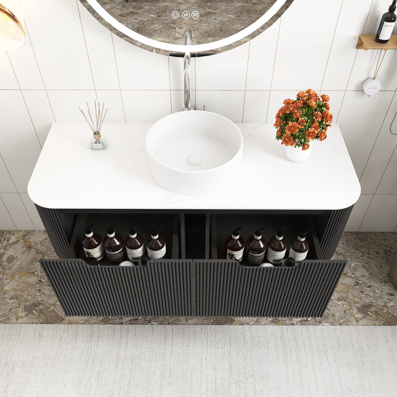Ensemble de meuble-lavabo mural 48 po noir avec lavabo rond blanc en céramique pré-assemblé, Blanc