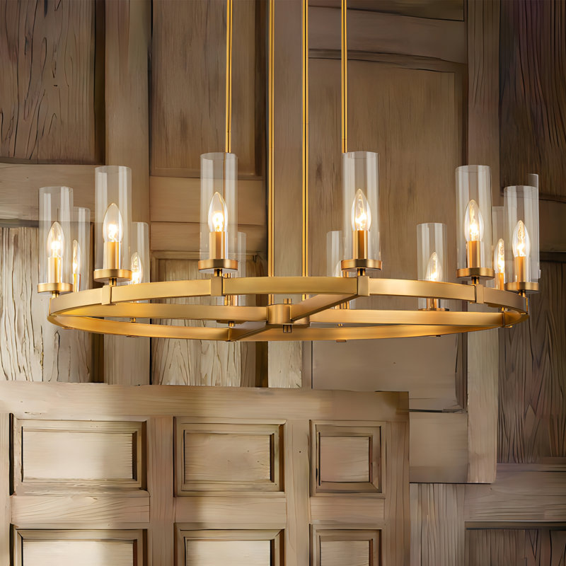 Andrade 12-Light Dimmable Metal Wagon Wheel Chandelier, Gold