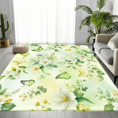Tapis papillon Watercolor Botanical, motif floral blanc-vert, tapis antidérapant lavable à la machine, décoration intérieure esthétique pour le salon, la chambre à coucher, le vestibule, la cuisine, l’appartement