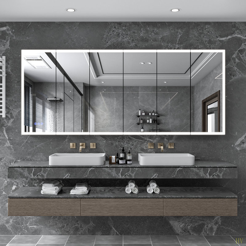 LED Lighted Medicine Cabinet With Mirror, 96*40Inches Bathroom Mirror Cabinet With Lights,Recessed Or Wall Mounted, 3 Color Temperaturesanti-Fog