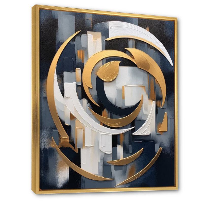Or blanc et formes harmonieuses sur toile, Cadre flottant doré, H 32 po x l 16 po x P 1 po