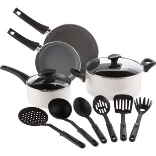 12-piece Nonstick Pots And Pans Set With Utensils – Pfoa-free Scratch-resistant Cookware, Aluminum & Nylon, Cream (Set of 12)