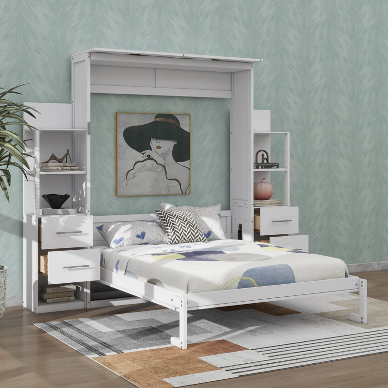 Grand lit escamotable mural avec tablettes intégrées, tiroirs et éclairage décoratif