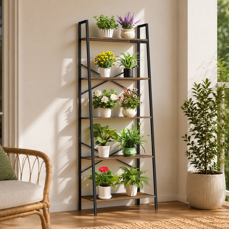 5-Tier Metal Ladder Bookcase with Lighting, Brown