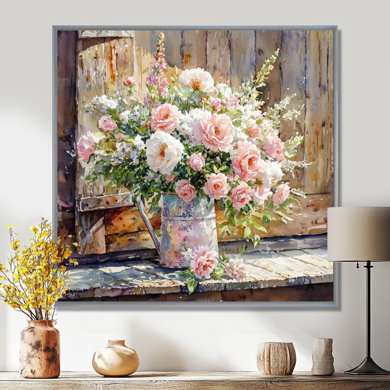 «Dondiel Summer Blush Rose Bouquet At The Barn II» - roses, art mural, H 16 po x l 16 po, Impression encadrée flottante
