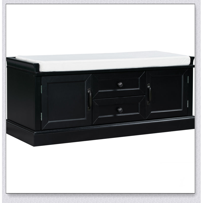 Storage Bench with 2 Drawers and 2 Cabinets, Shoe Bench with Removable Cushion, Black