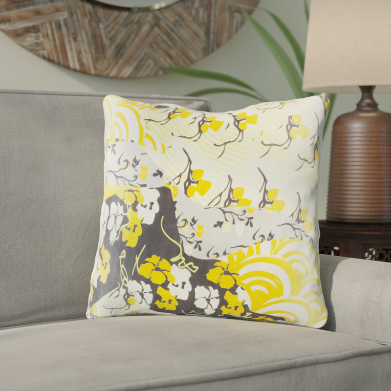 Geisha Floral Silk Pillow Cover, 18" H x 18" W x 4" D, Gold, Down