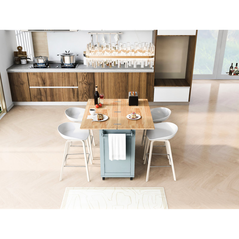 Îlot de cuisine pliable avec rangement, gris-bleu 33,2 po de largeur. 48,73 po de profondeur. Option de pieds de meuble stationnaire. Loquet et tablette en métal bleu