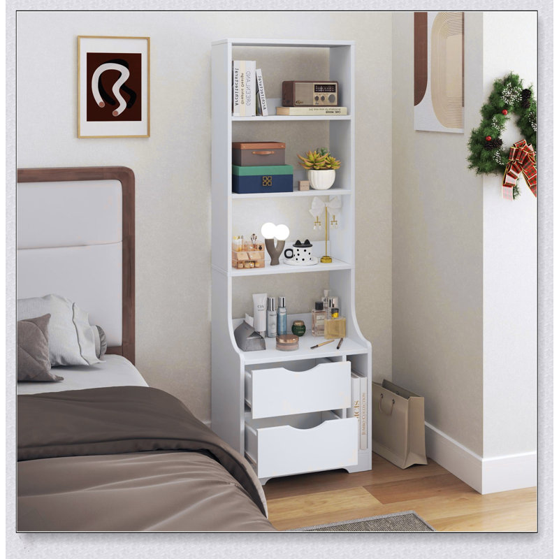 Table de chevet avec bibliothèque, table de chevet avec 2 tiroirs de rangement pour la chambre à coucher, Blanc