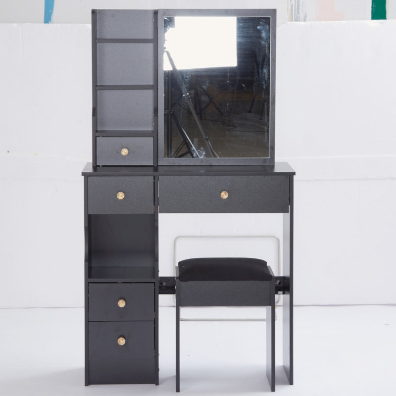 Petite coiffeuse avec tiroir de gauche et tabouret rembourré, très grand miroir coulissant, multi-couches, commode de rangement haute capacité, convient aux petits espaces, certificat EPA, GCC, UL