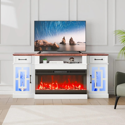 Meuble télé 80 po, coin média avec foyer 36 po, tiroirs et armoires de rangement, console télé rétro avec 20 lumières DEL, télécommande et minuterie pour le salon, brun et blanc