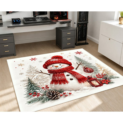 Tapis de Noël festif avec bonhomme de neige, motif de dessin animé sur le thème des fêtes d'hiver, tapis de sol moelleux et antidérapant, élément décoratif pour le salon, la chambre, une fête ou un appartement.