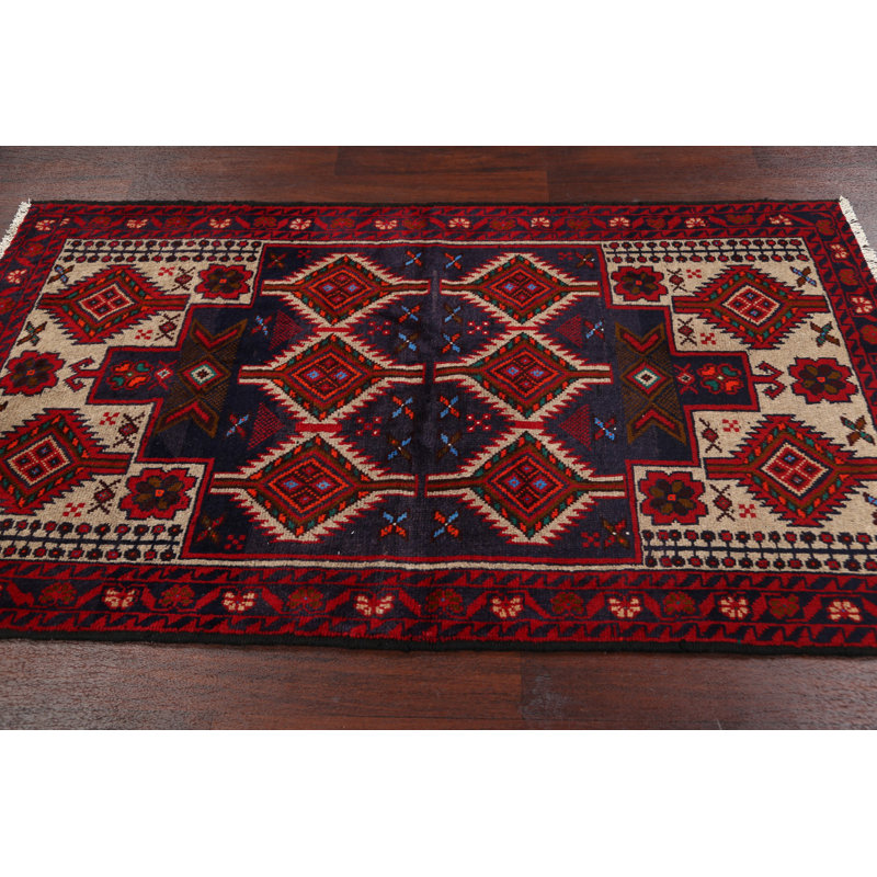 Tapis rouge en laine noué à la main de conception unique 3 pi 5 po x 6 pi 1 po Trey