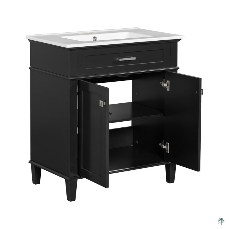 Meuble-lavabo de 30 pouces avec lavabo en céramique, porte à fermeture en douceur et tablettes réglables, Noir / argenté