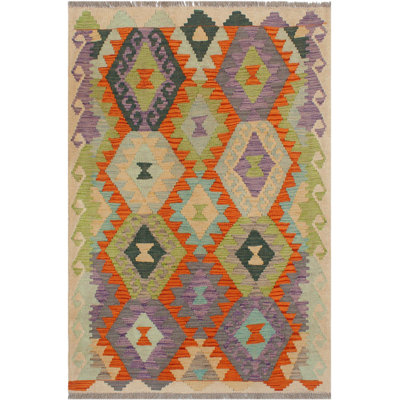 Tapis géométrique en laine noué à la main à motif géométrique de couleur rouille / beige / mauve 2 pi 10 po x 4 pi 1 po Cedorah