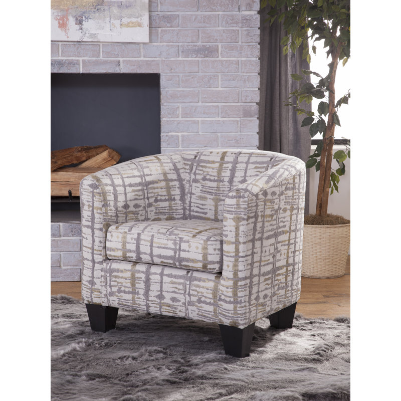 Ellen Upholstered Barrel Chair, Gold Gray and Cream Splatter