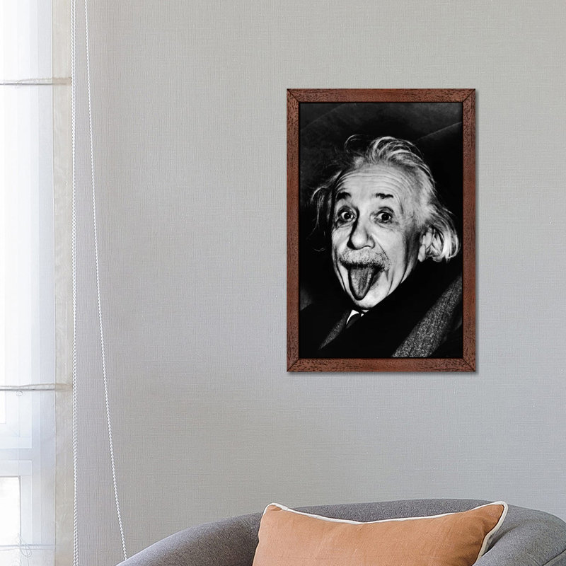 Albert Einstein, Sticking His Tongue Out by Arthur Sasse - Print on Canvas, 66.04 cm H x 45.72 cm W, Brown Framed