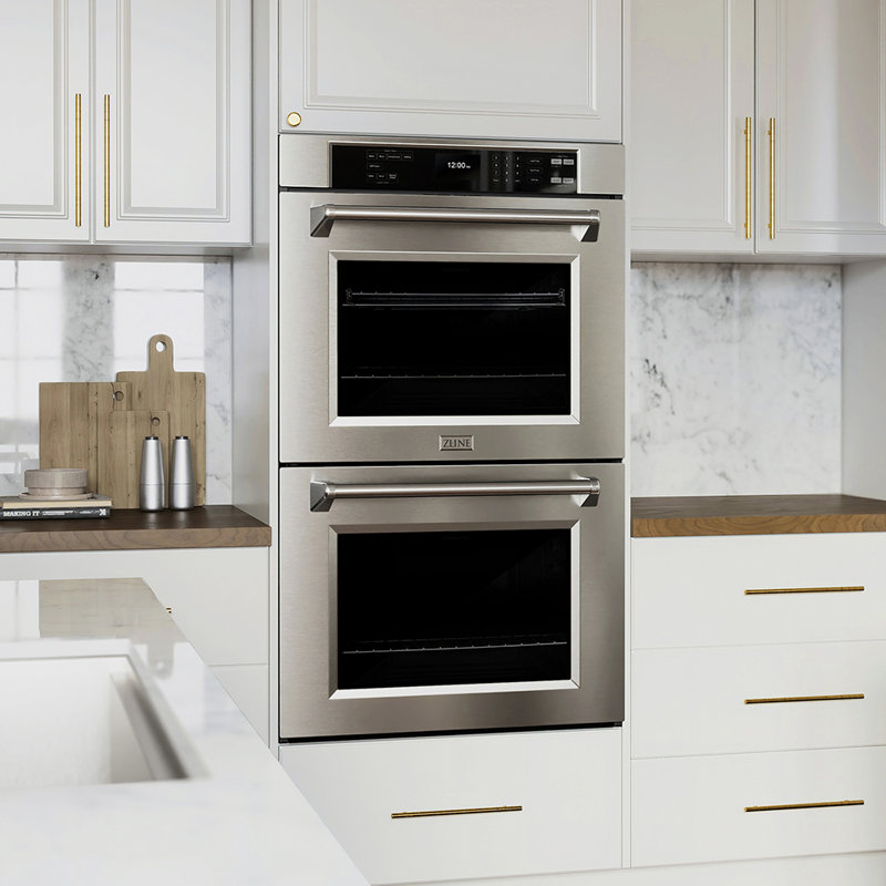 ZLINE 30 in. Autograph Double Wall Oven w/ Air Fry and Self Clean w/ Black Handles, Polished Gold, Satin & White Matte
