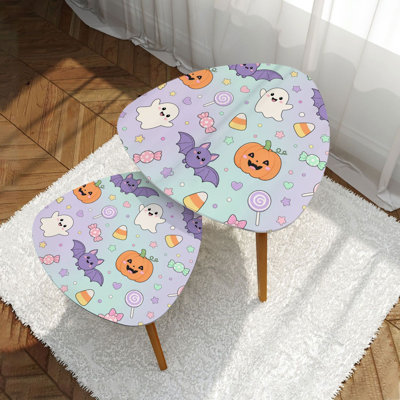 Ensemble de 2 tables basses gigognes modernes et minimalistes mignonnes et citrouilles d'Halloween citrouilles fantômes chauves-souris bonbon pastel triangulaire empilable